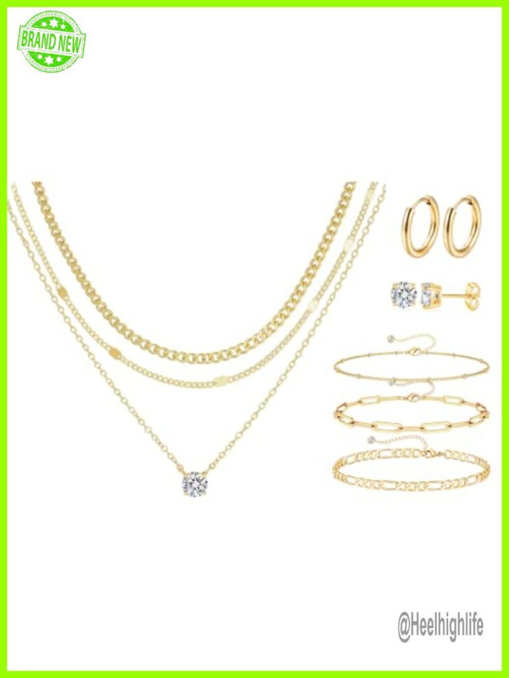 Floralseas 14K Gold Plated Layered Necklace Earring Bracelet Set Gift Box